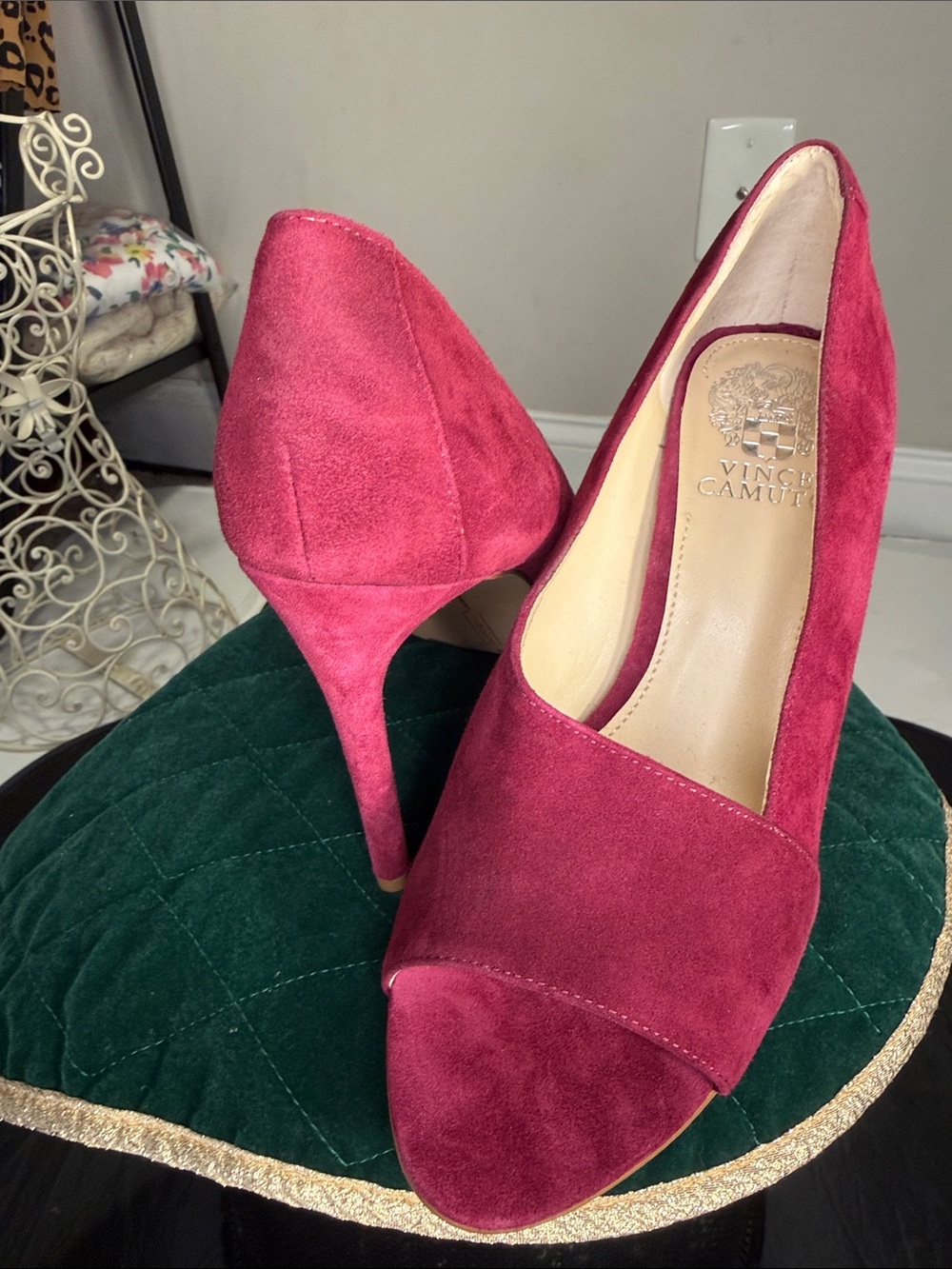 Vince Camuto Suede Open-Toe Pumps in Fuchsia Pink